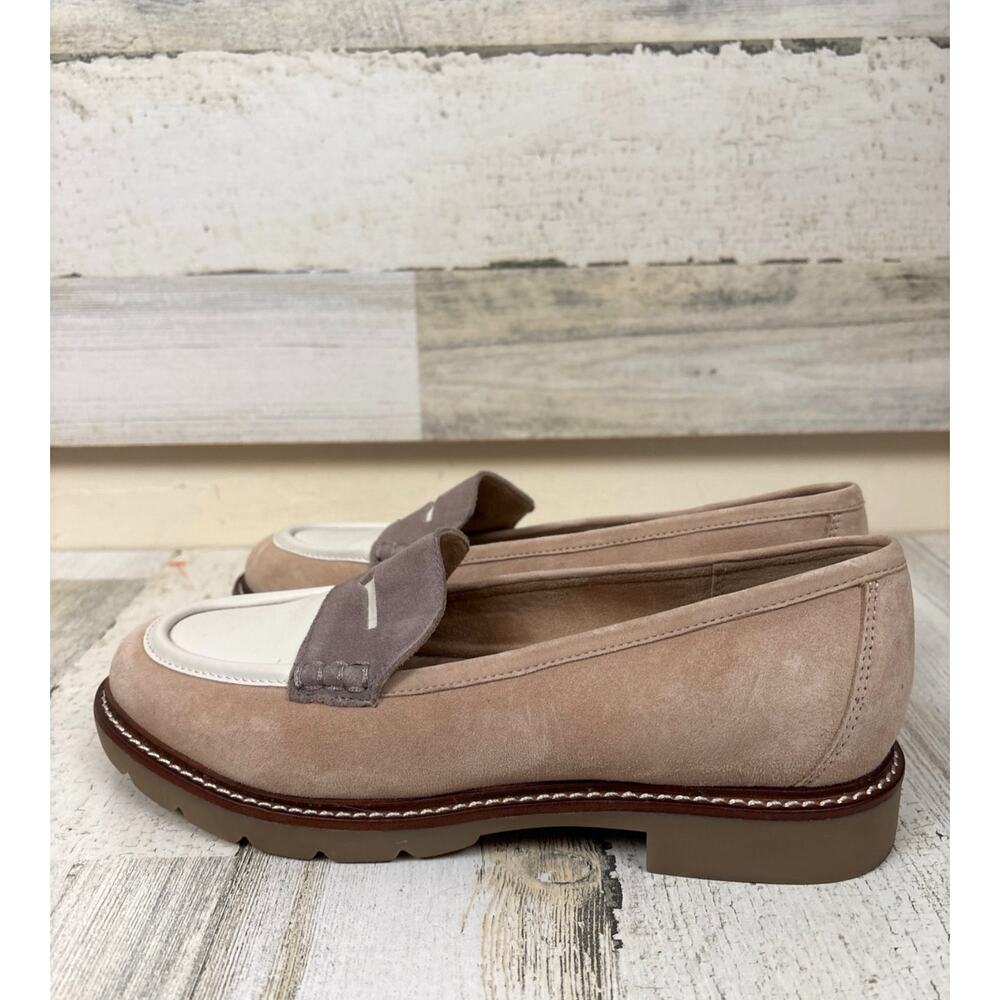 Rockport Womens 7 Tan White Kacey Suede Leather Slip On Penny Casual Loafers